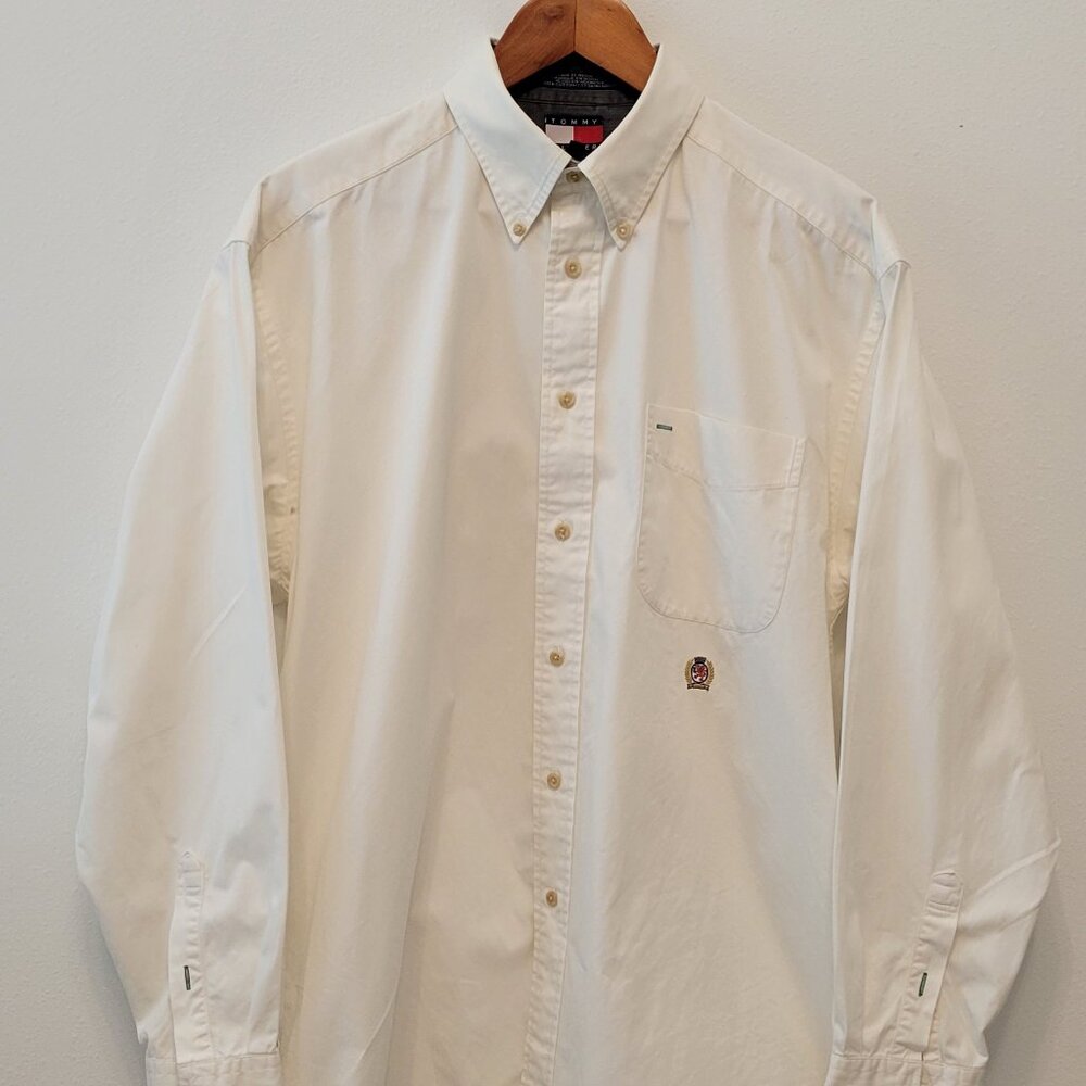 Vintage TOMMY HILFIGER Long Sleeve Cotton Shirt ~ Medium ~ Off White